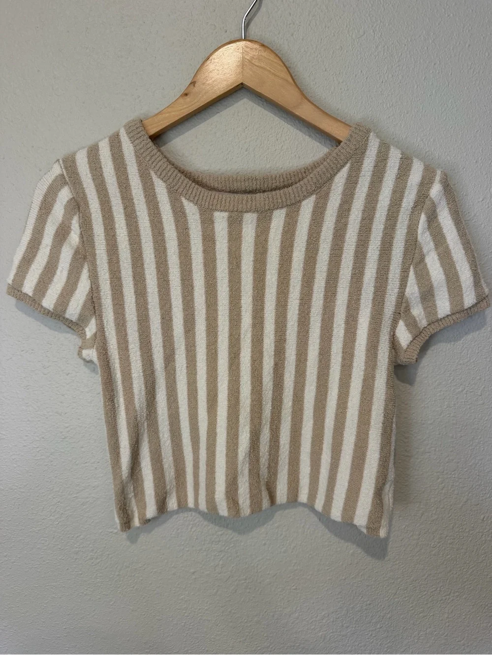 Free People Beach Striped Cream Short-Sleeve Knit Crop Top